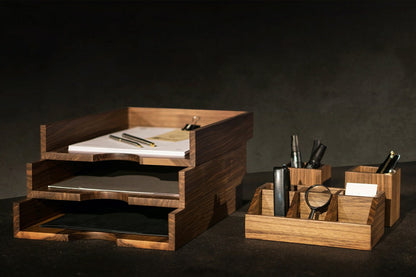Walnut Office Desk Organizer Set: Wooden Office Accessories