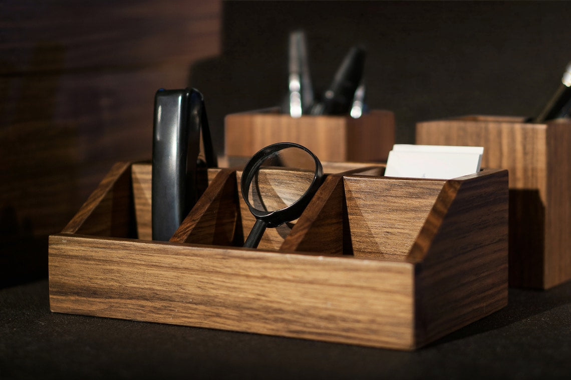 Walnut Office Desk Organizer Set: Wooden Office Accessories