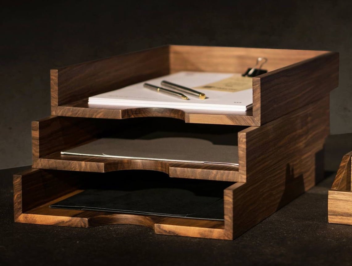 Walnut Office Desk Organizer Set: Wooden Office Accessories