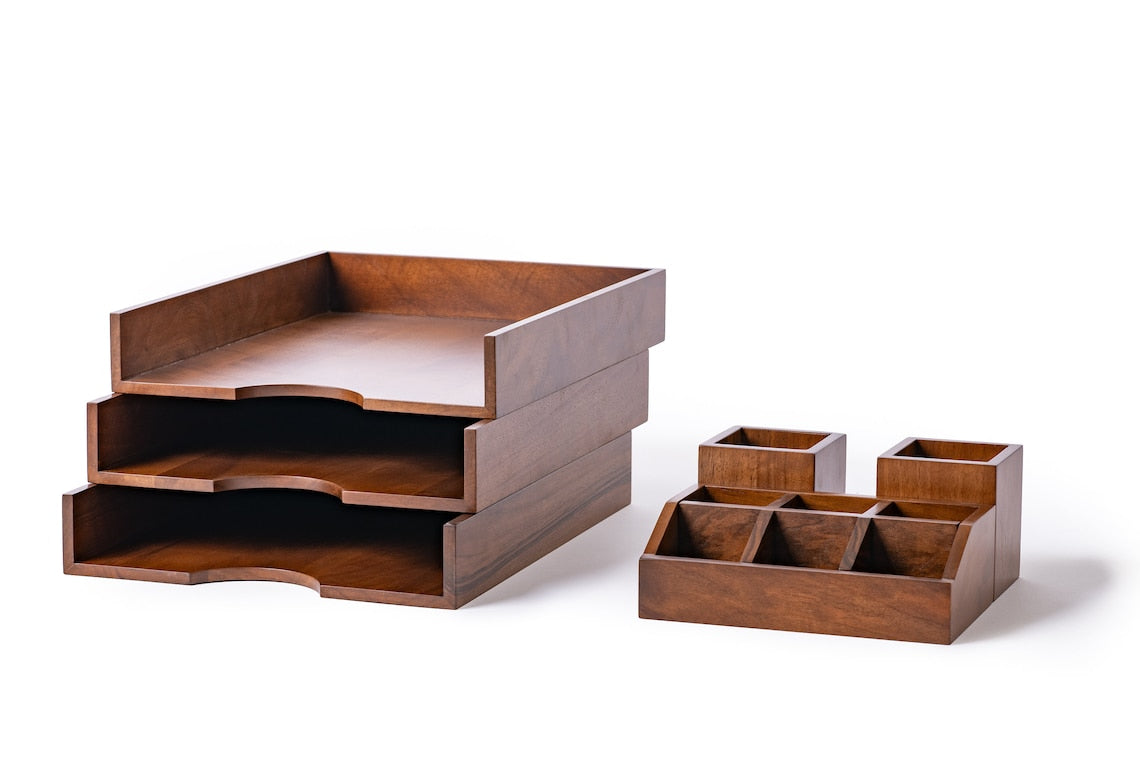 Walnut Office Desk Organizer Set: Wooden Office Accessories