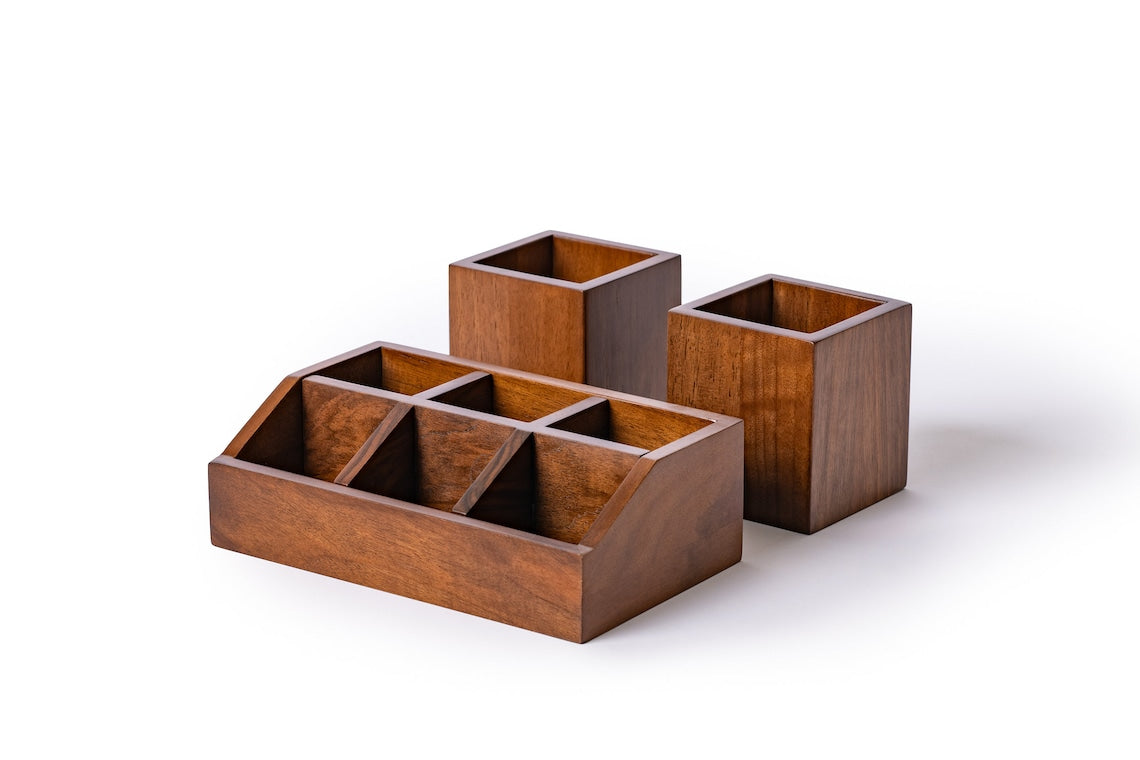 Walnut Office Desk Organizer Set: Wooden Office Accessories