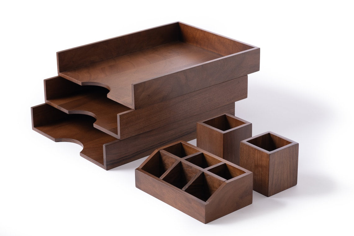 Walnut Office Desk Organizer Set: Wooden Office Accessories