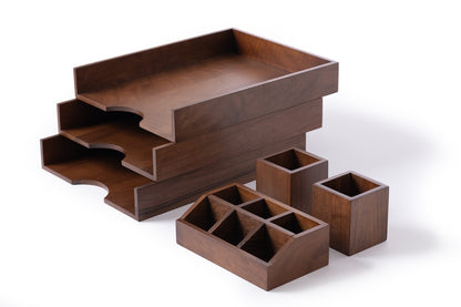 Walnut Office Desk Organizer Set: Wooden Office Accessories