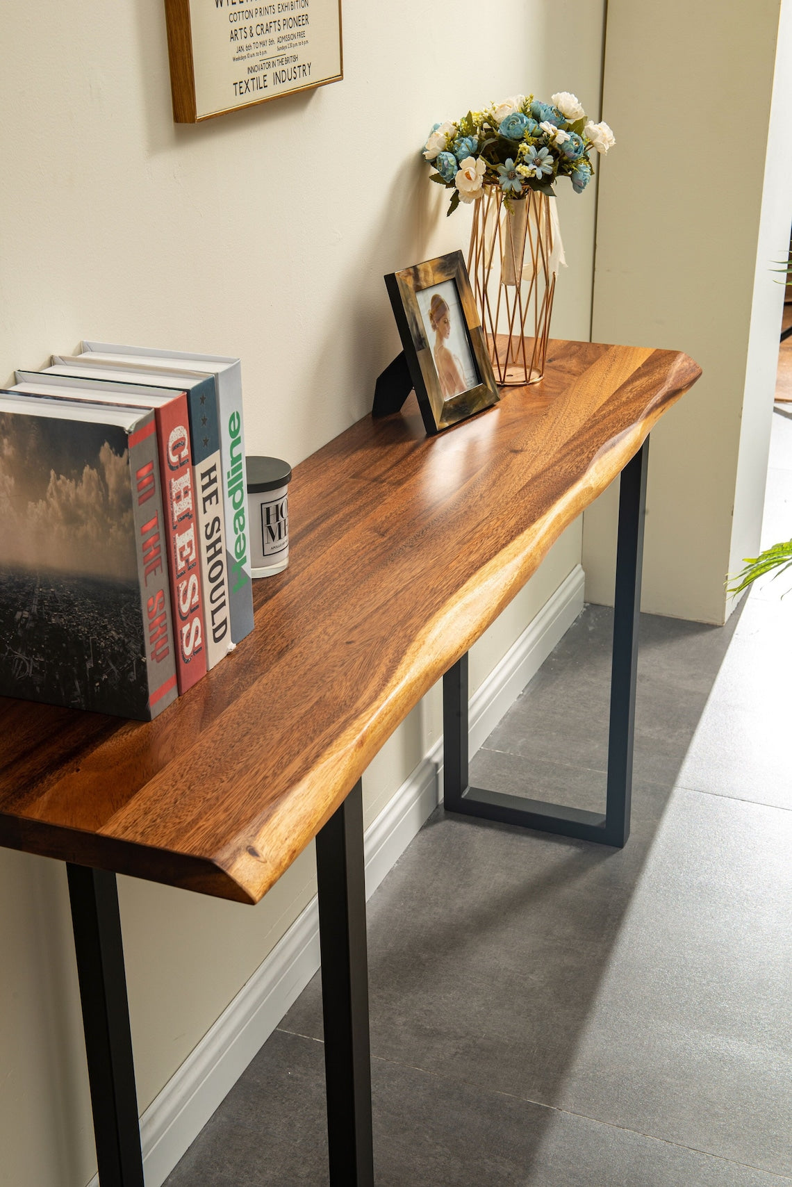 Live Edge Console Table: South American Walnut Sofa Table with Metal Legs
