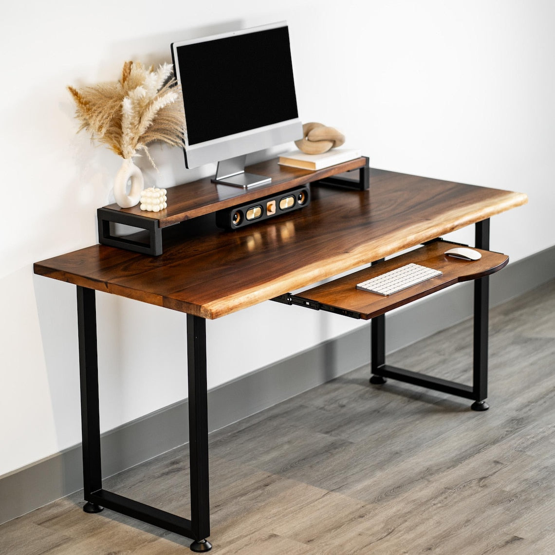 Live Edge Wood Desk with Drawer Option - Solid Walnut Desk with Metal Legs | Computer Desk