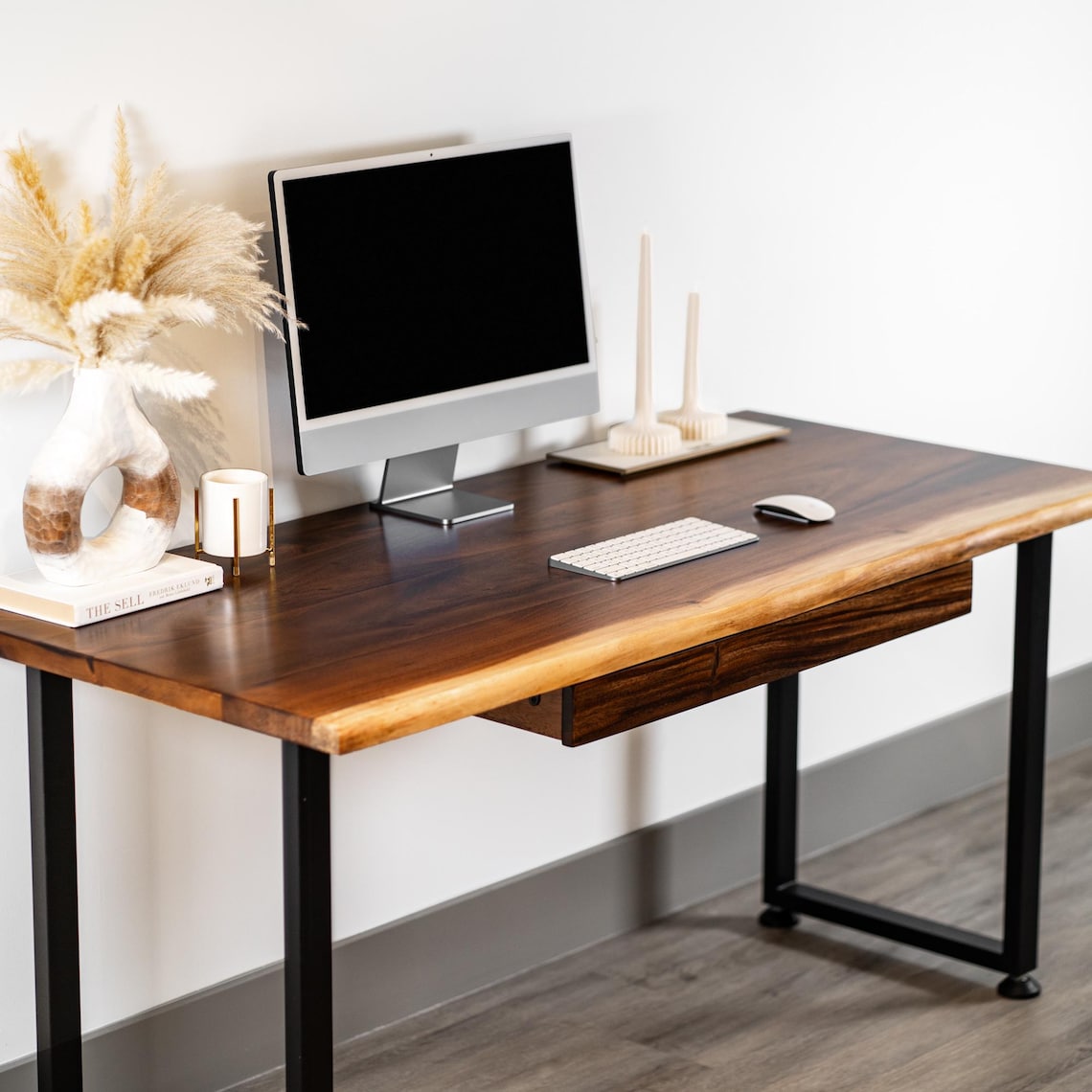 Live Edge Wood Desk with Drawer Option - Solid Walnut Desk with Metal Legs | Computer Desk