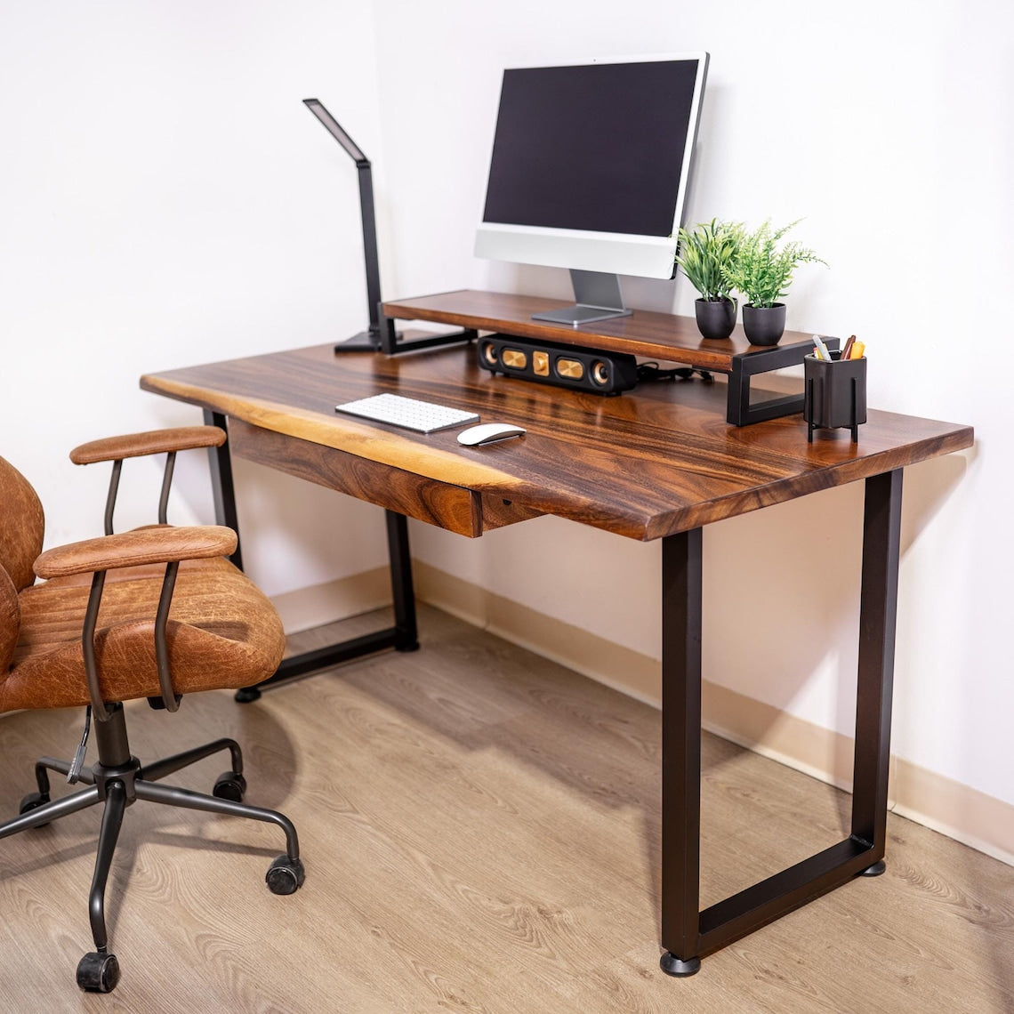Live Edge Wood Desk with Drawer Option - Solid Walnut Desk with Metal Legs | Computer Desk