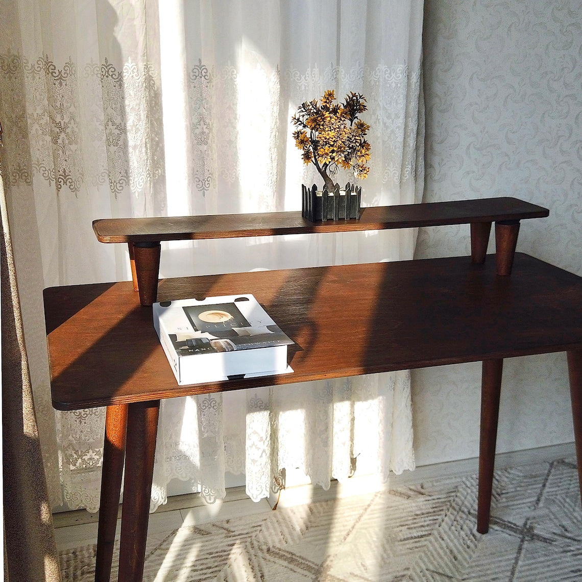 Handmade Walnut & Beech Wood Desk: Mid-Century Modern Home Office