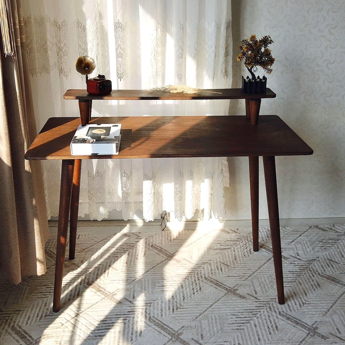 Handmade Walnut & Beech Wood Desk: Mid-Century Modern Home Office