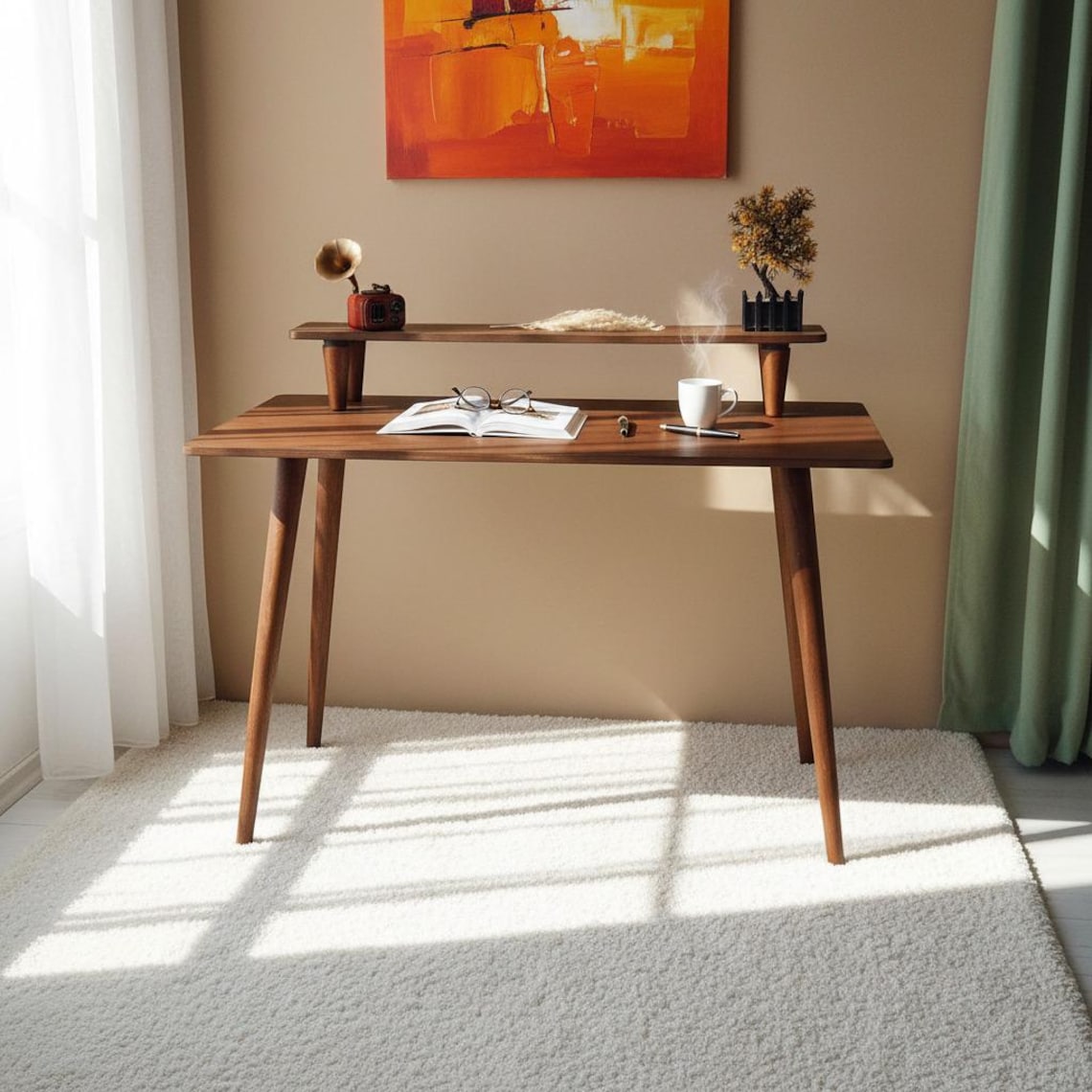 Handmade Walnut & Beech Wood Desk: Mid-Century Modern Home Office