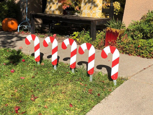 Candy Cane Wood Signs | Engraved Christmas Candy Cane Yard Art | Holiday Porch or Walkway Decor