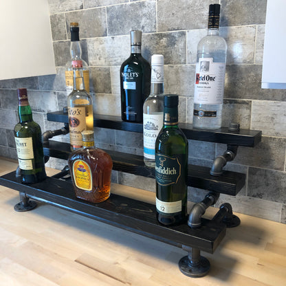 Freestanding Industrial Liquor Display, Black Pipe Tiered Shelving, Bar Organizer, Alcohol Bottle Display