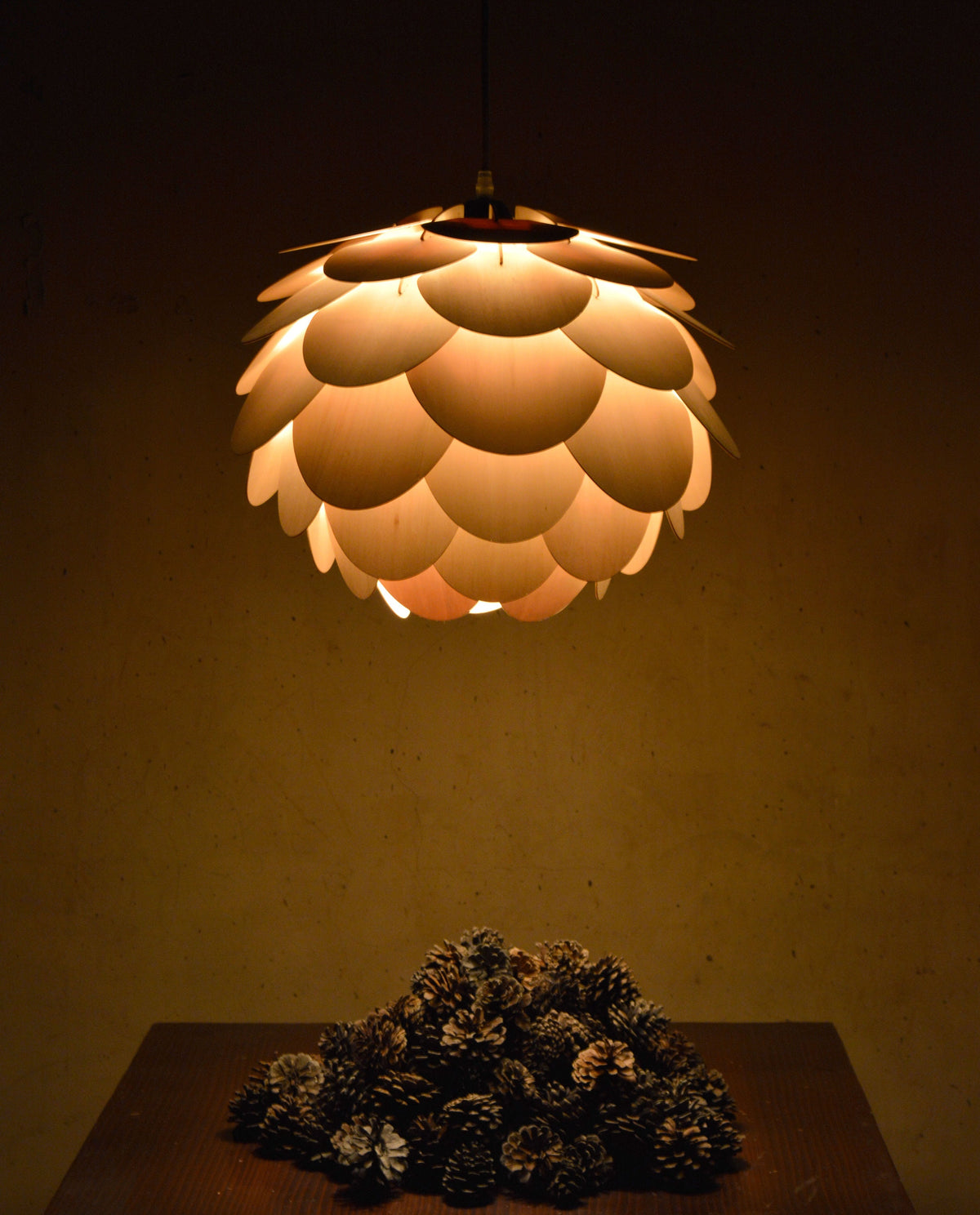 Pine Cone Wood Pendant Light with Layered Plywood Petals