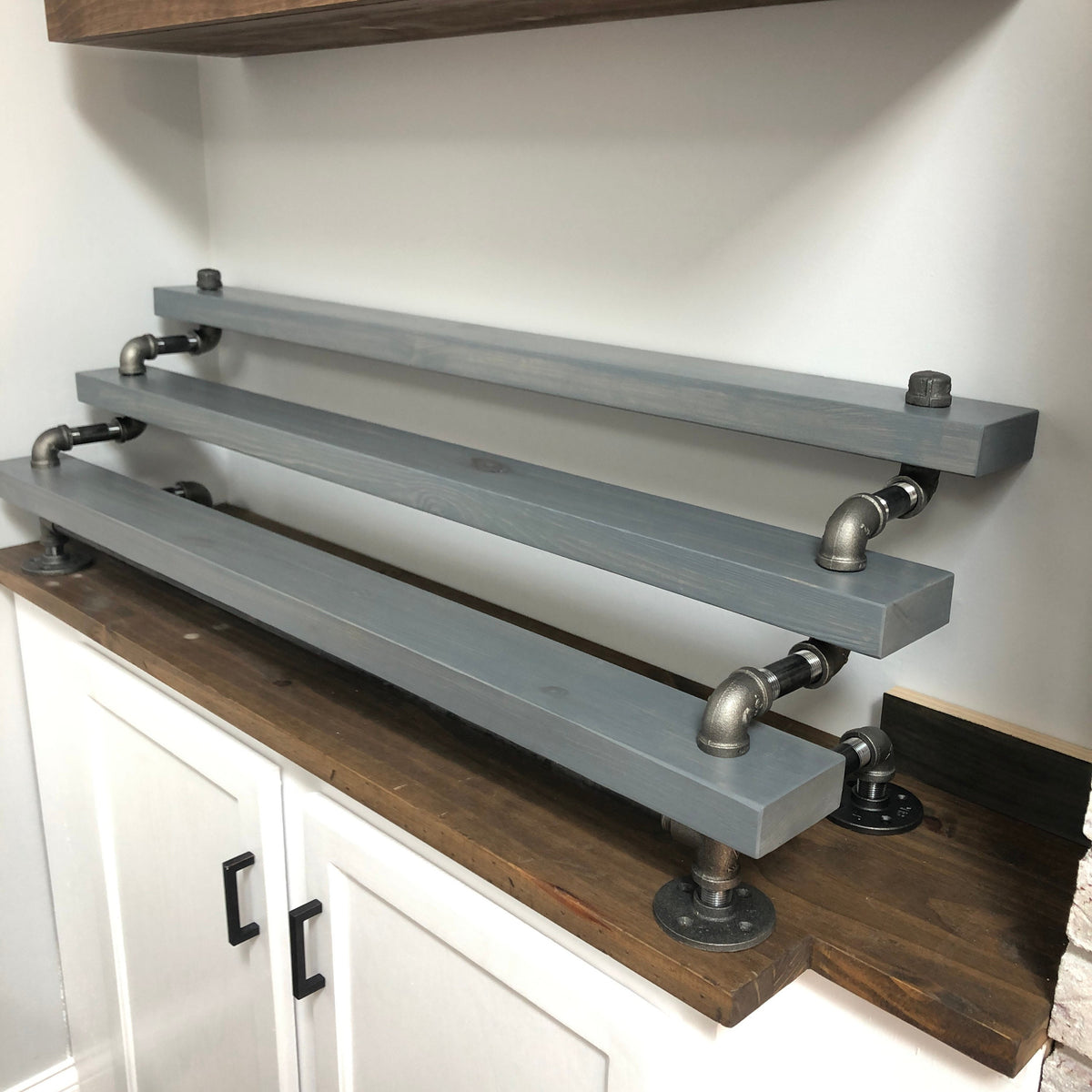 Freestanding Industrial Liquor Display, Black Pipe Tiered Shelving, Bar Organizer, Alcohol Bottle Display