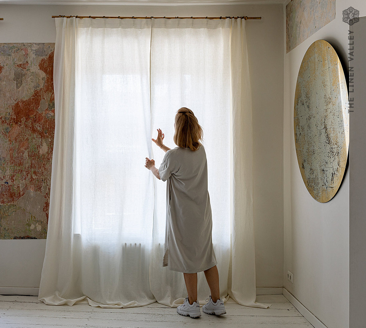 Off White Linen Curtain Panel with Pencil Pleat Heading Tape