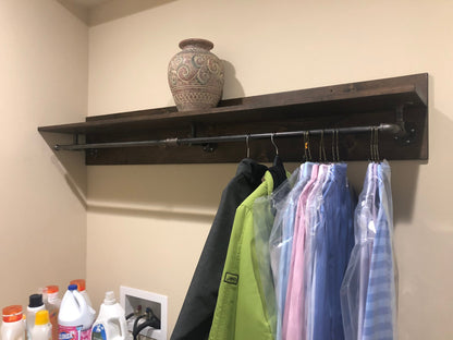 Closet Shelving with Industrial Pipe Hanger Rack, Laundry Room Organization Shelf, Clothes Hanging Bar, Storage Shelf, Optional Wood Backing