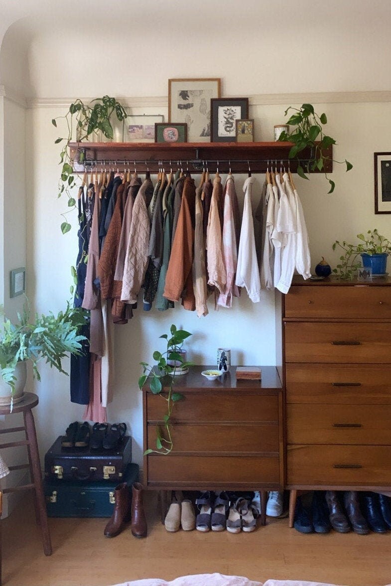 Closet Shelving with Industrial Pipe Hanger Rack, Laundry Room Organization Shelf, Clothes Hanging Bar, Storage Shelf, Optional Wood Backing