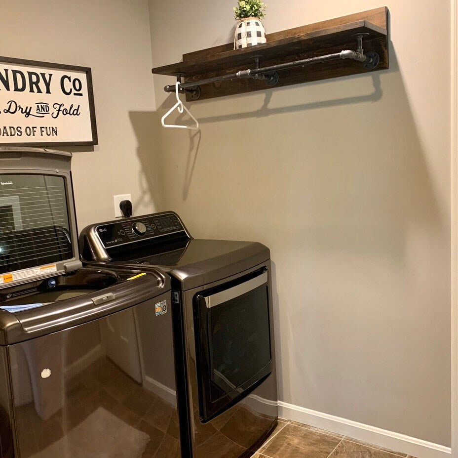 Closet Shelving with Industrial Pipe Hanger Rack, Laundry Room Organization Shelf, Clothes Hanging Bar, Storage Shelf, Optional Wood Backing