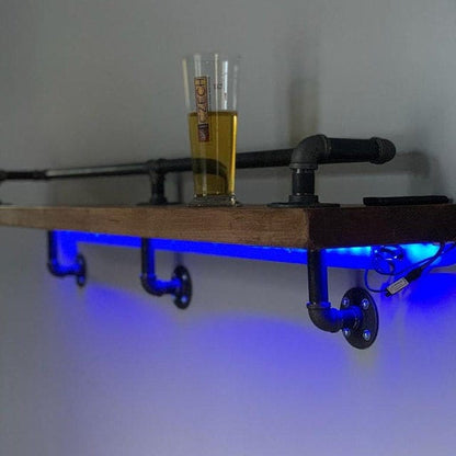 Industrial Wall-Mounted Breakfast Bar with Reclaimed Wood & Pipe Rail
