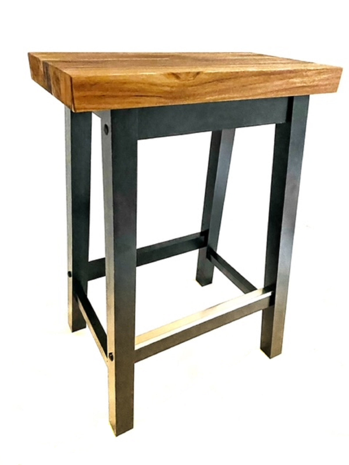 Rustic Teak Wood Counter Stool with Black Metal Base