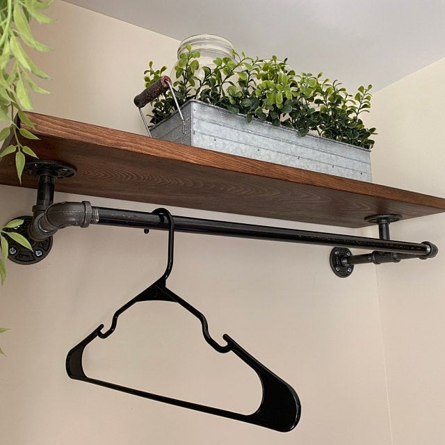 Closet Shelving with Industrial Pipe Hanger Rack, Laundry Room Organization Shelf, Clothes Hanging Bar, Storage Shelf, Optional Wood Backing