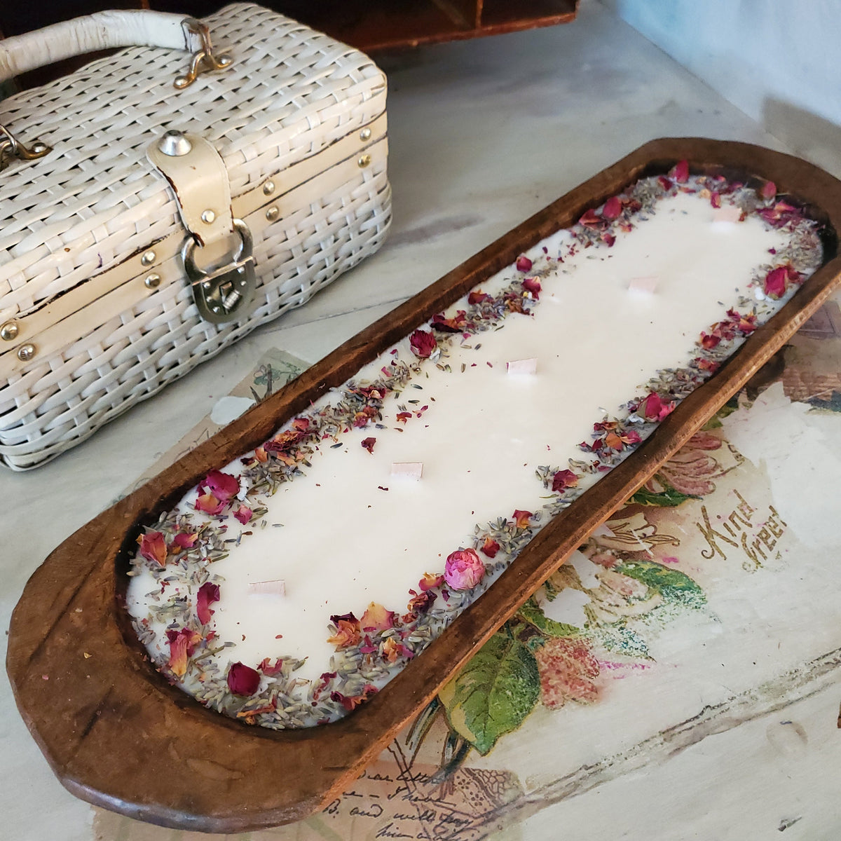 Floral Dough Bowl Large  ~ Coconut Soy Beeswax Natural Candle ~ Safe Scents Wood Wick Unique Centerpiece Gift