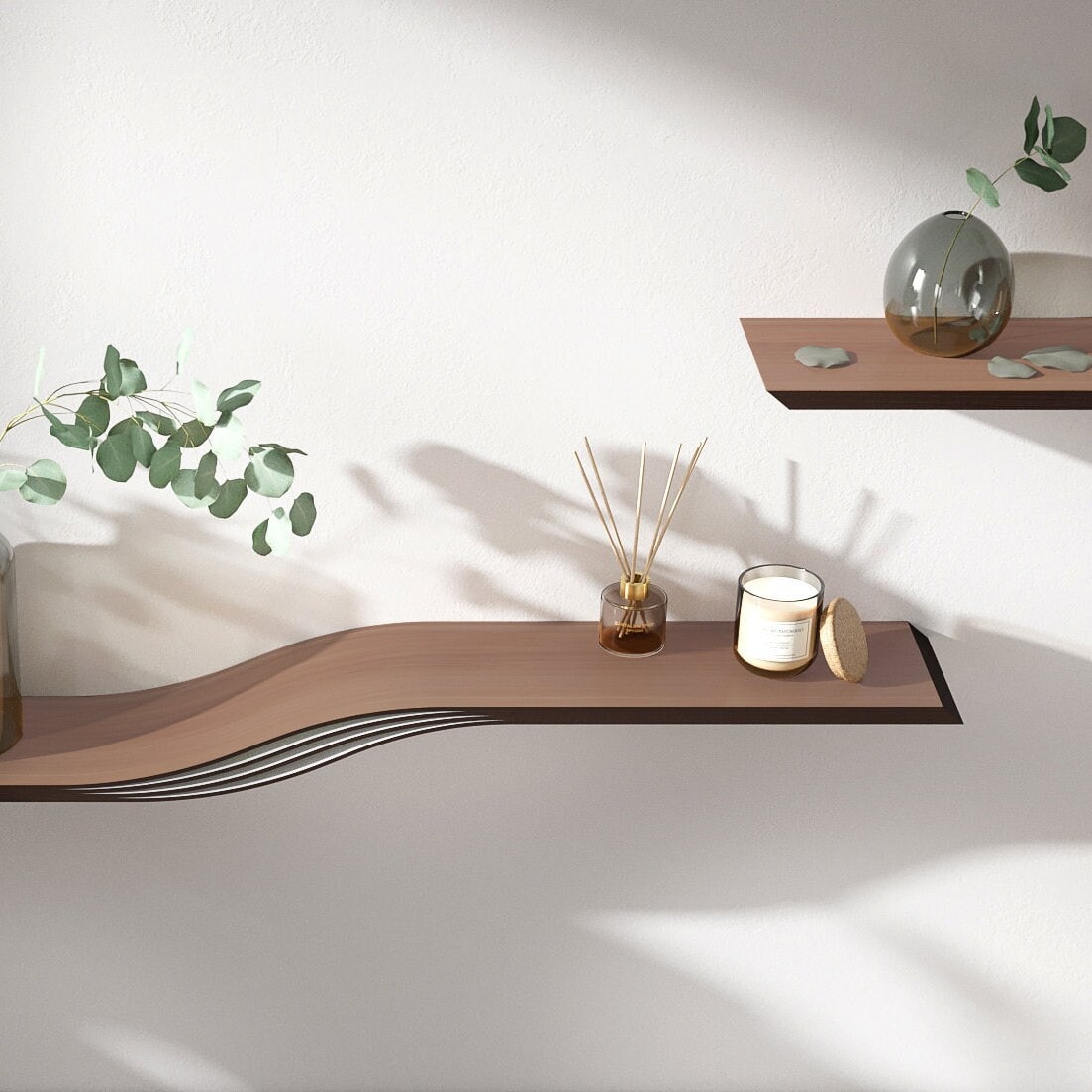 Floating Wave Shelf, Wood Wall Shelf Curved, Walnut Oak Ash, Modern Wooden Shelves with Hidden Brackets, Handmade Home Decor