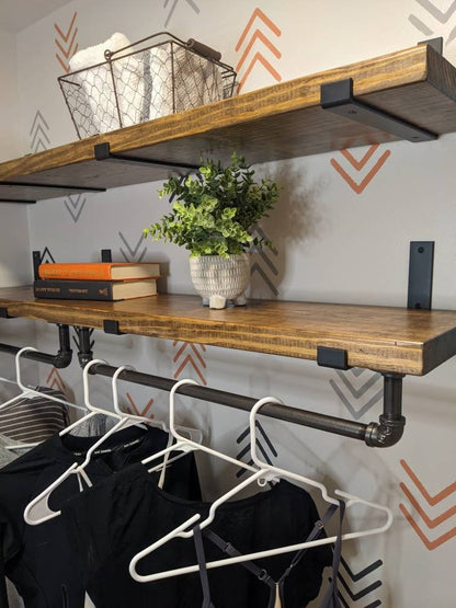 Industrial Pipe Clothes or Towel Bar with or without Solid Wood Shelf