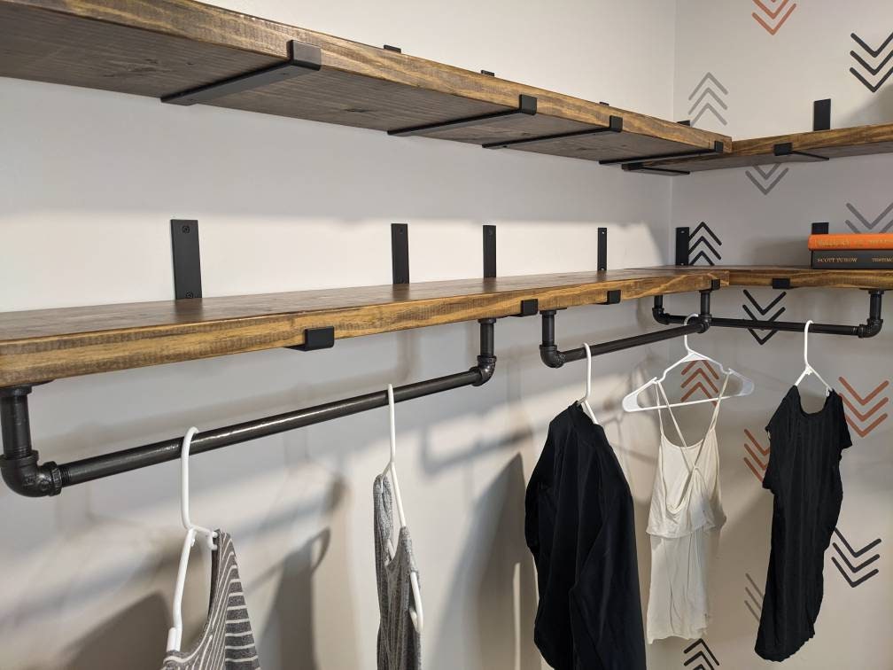 Industrial Pipe Clothes or Towel Bar with or without Solid Wood Shelf