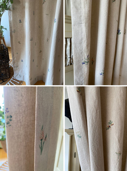 Floral Linen Cotton Curtains, French Country Boho Drapes Set of 2