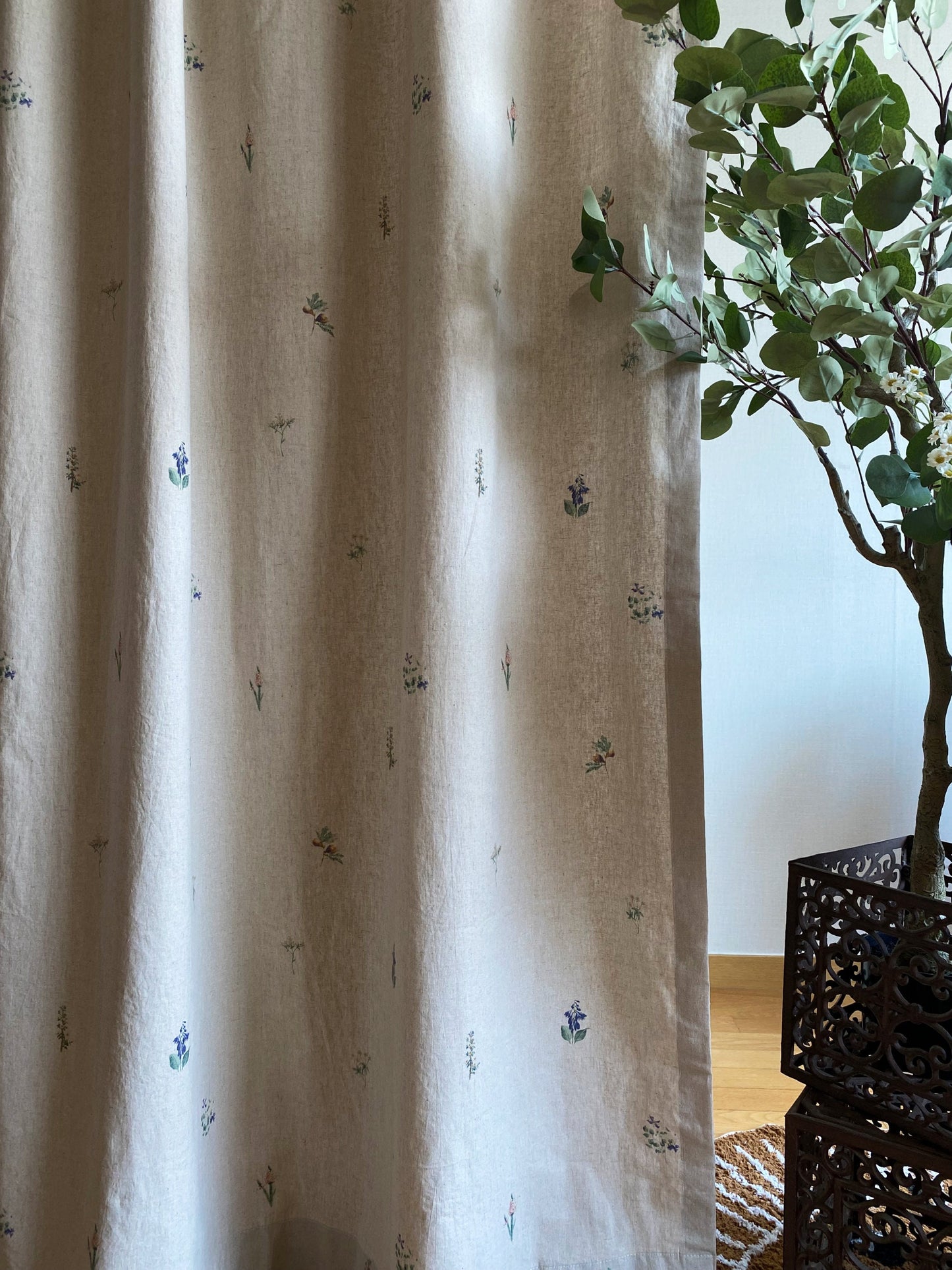 Floral Linen Cotton Curtains, French Country Boho Drapes Set of 2