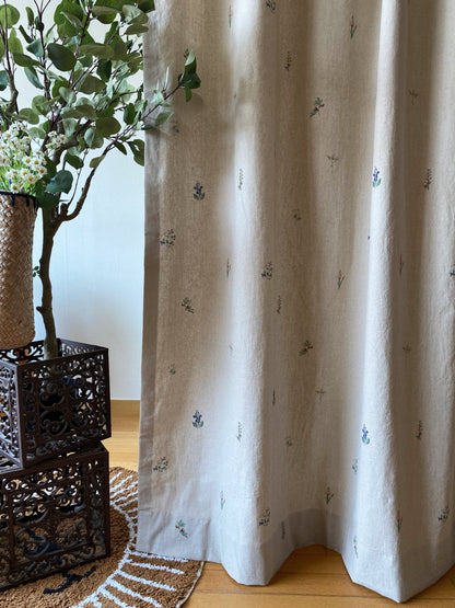 Floral Linen Cotton Curtains, French Country Boho Drapes Set of 2
