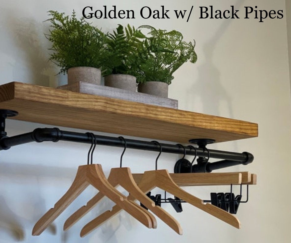 Laundry Room Bar with attached wood shelf, Clothing Rack,  Drying bar, closet clothes rack, metal pipe clothes bar