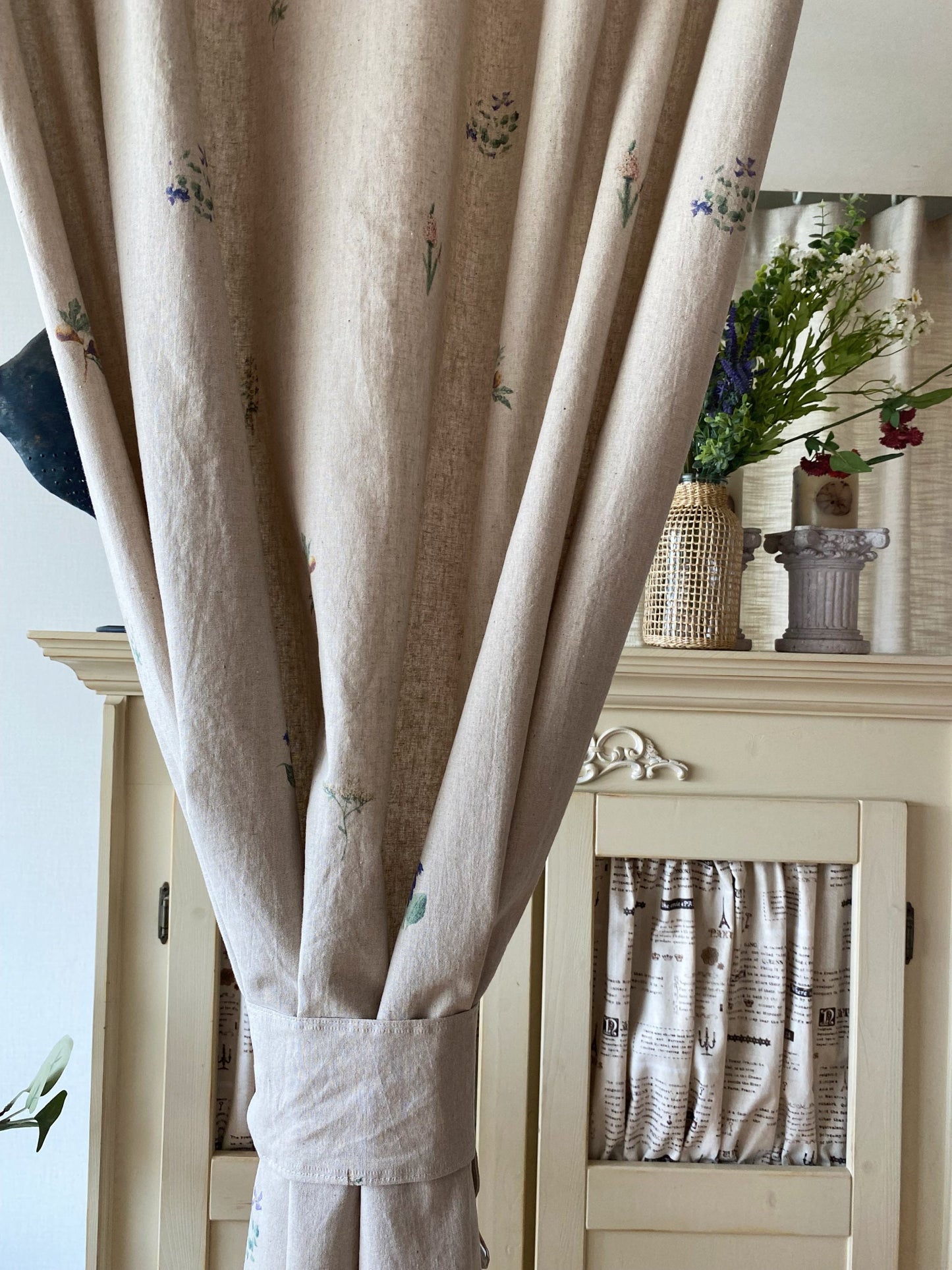 Floral Linen Cotton Curtains, French Country Boho Drapes Set of 2