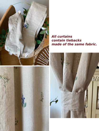 Floral Linen Cotton Curtains, French Country Boho Drapes Set of 2