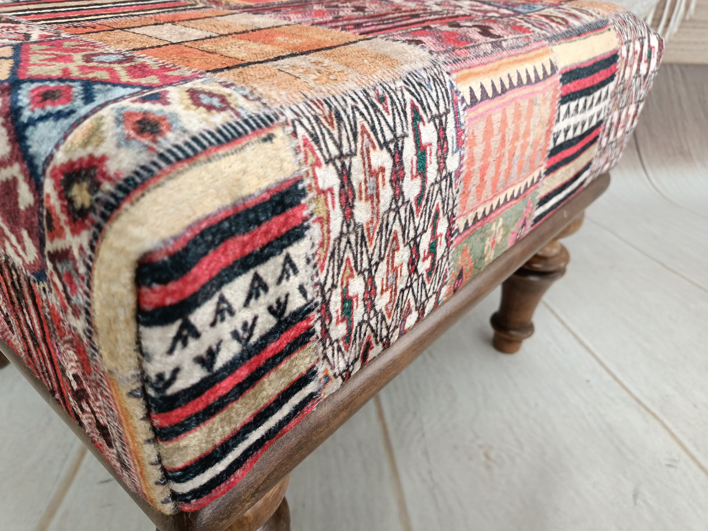 Vanity stool, handmade footstool, upholstered footstool, handmade furniture, patio furniture, small chair, kilim bench