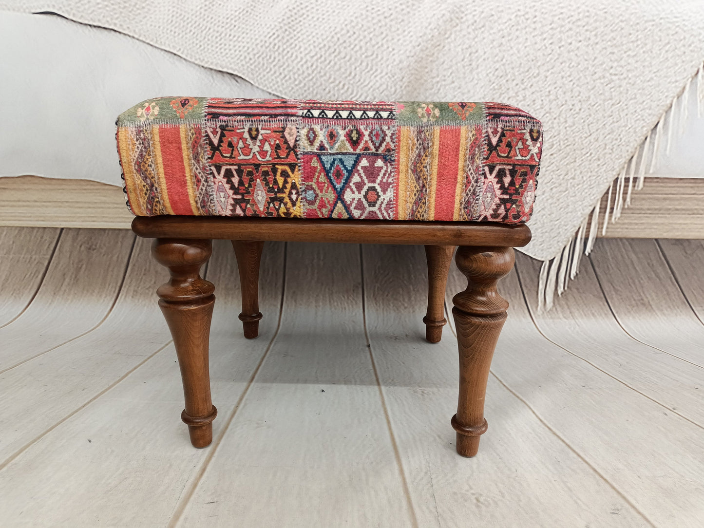 Vanity stool, handmade footstool, upholstered footstool, handmade furniture, patio furniture, small chair, kilim bench