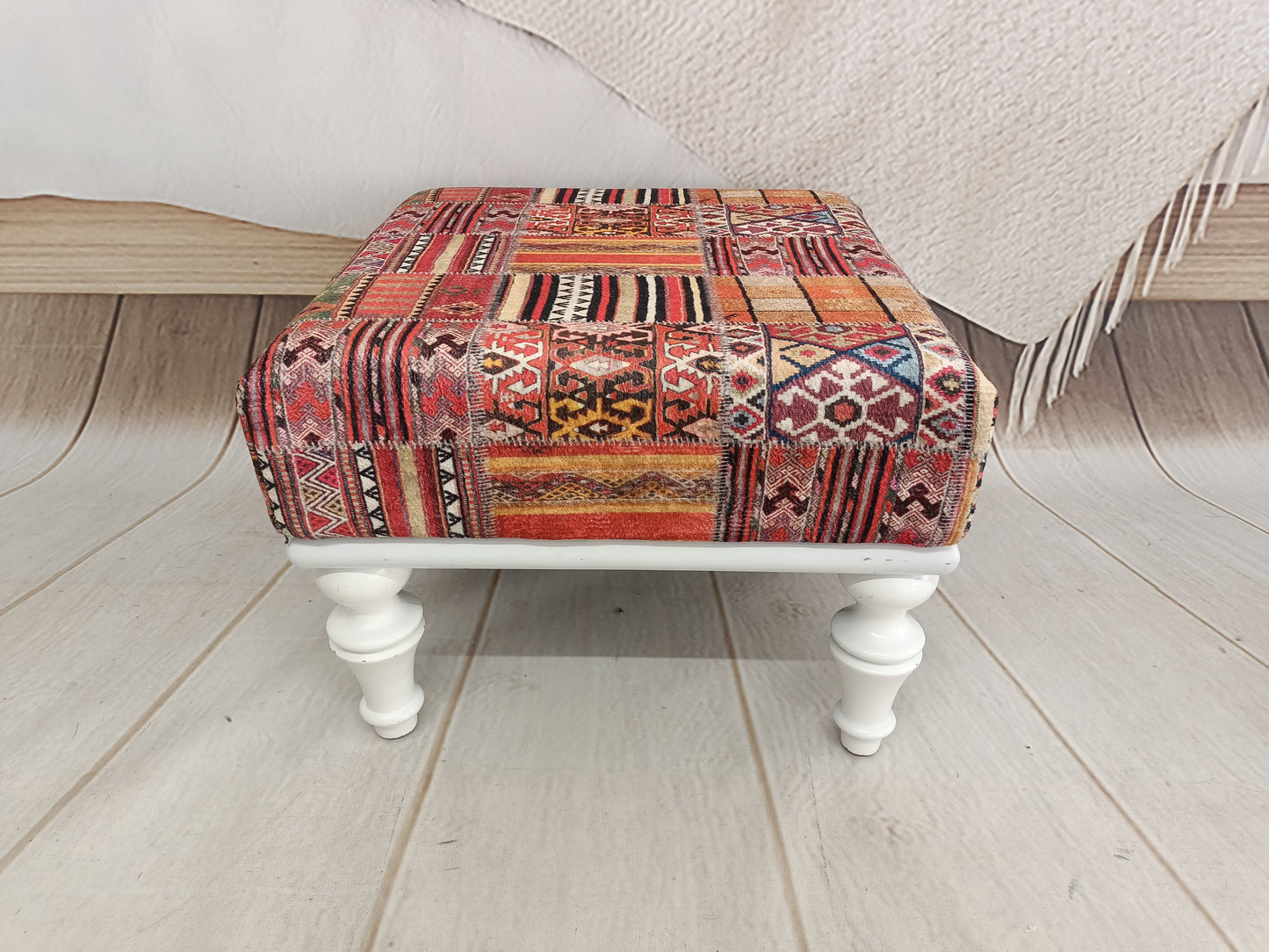Vanity stool, handmade footstool, upholstered footstool, handmade furniture, patio furniture, small chair, kilim bench