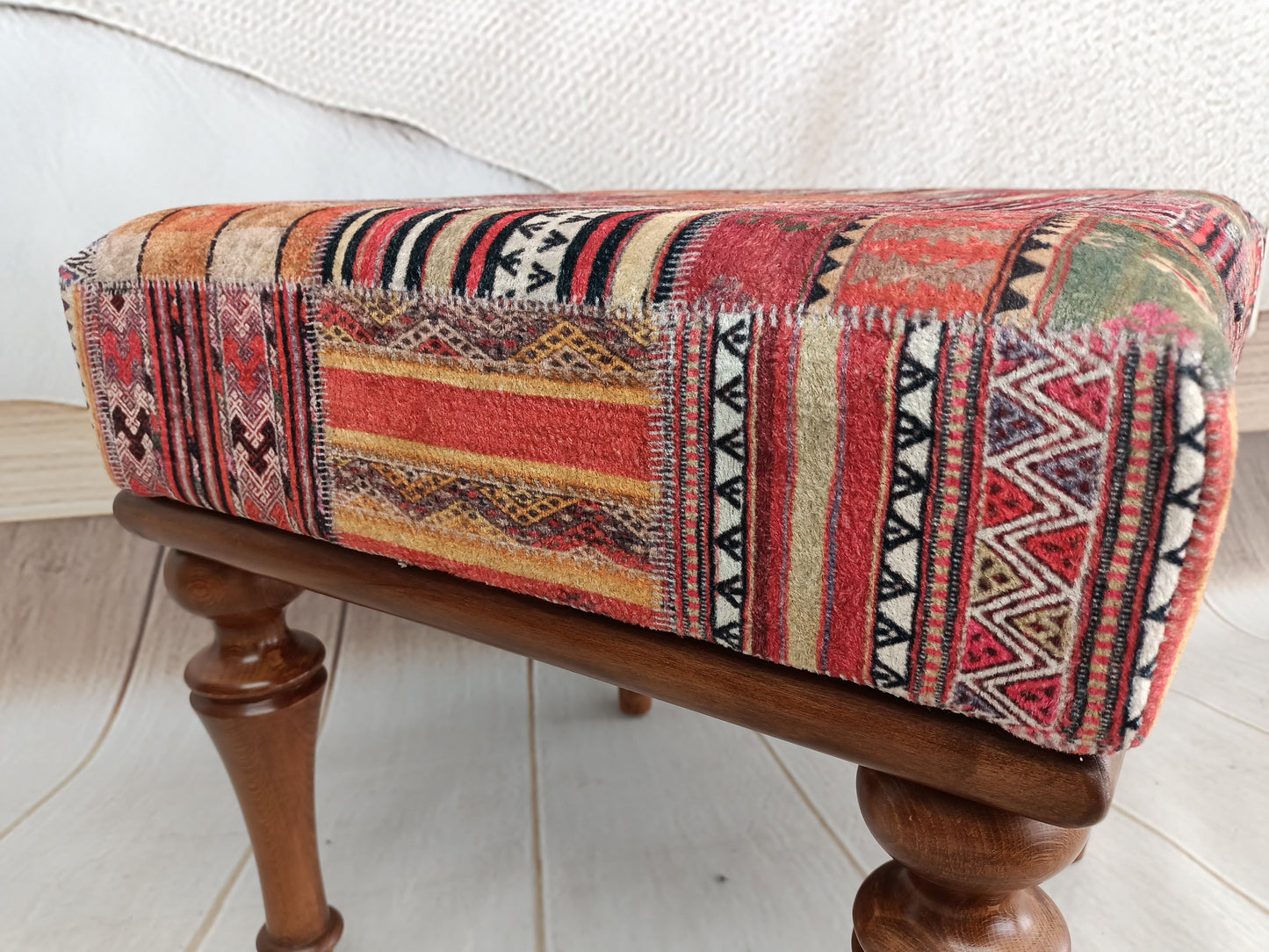 Vanity stool, handmade footstool, upholstered footstool, handmade furniture, patio furniture, small chair, kilim bench