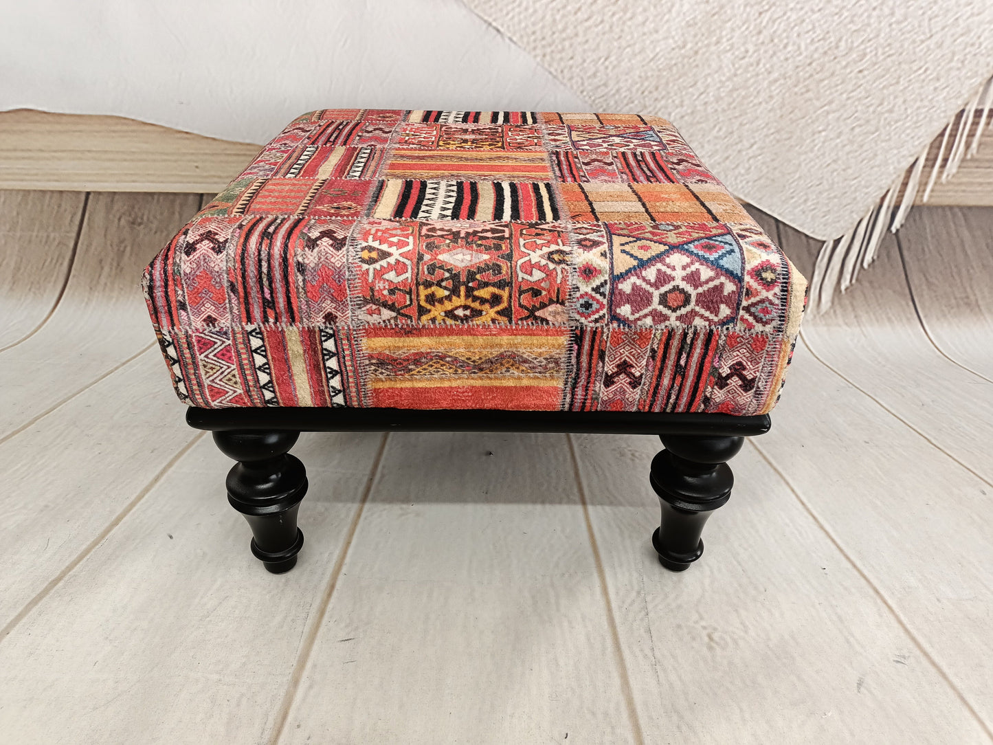 Vanity stool, handmade footstool, upholstered footstool, handmade furniture, patio furniture, small chair, kilim bench