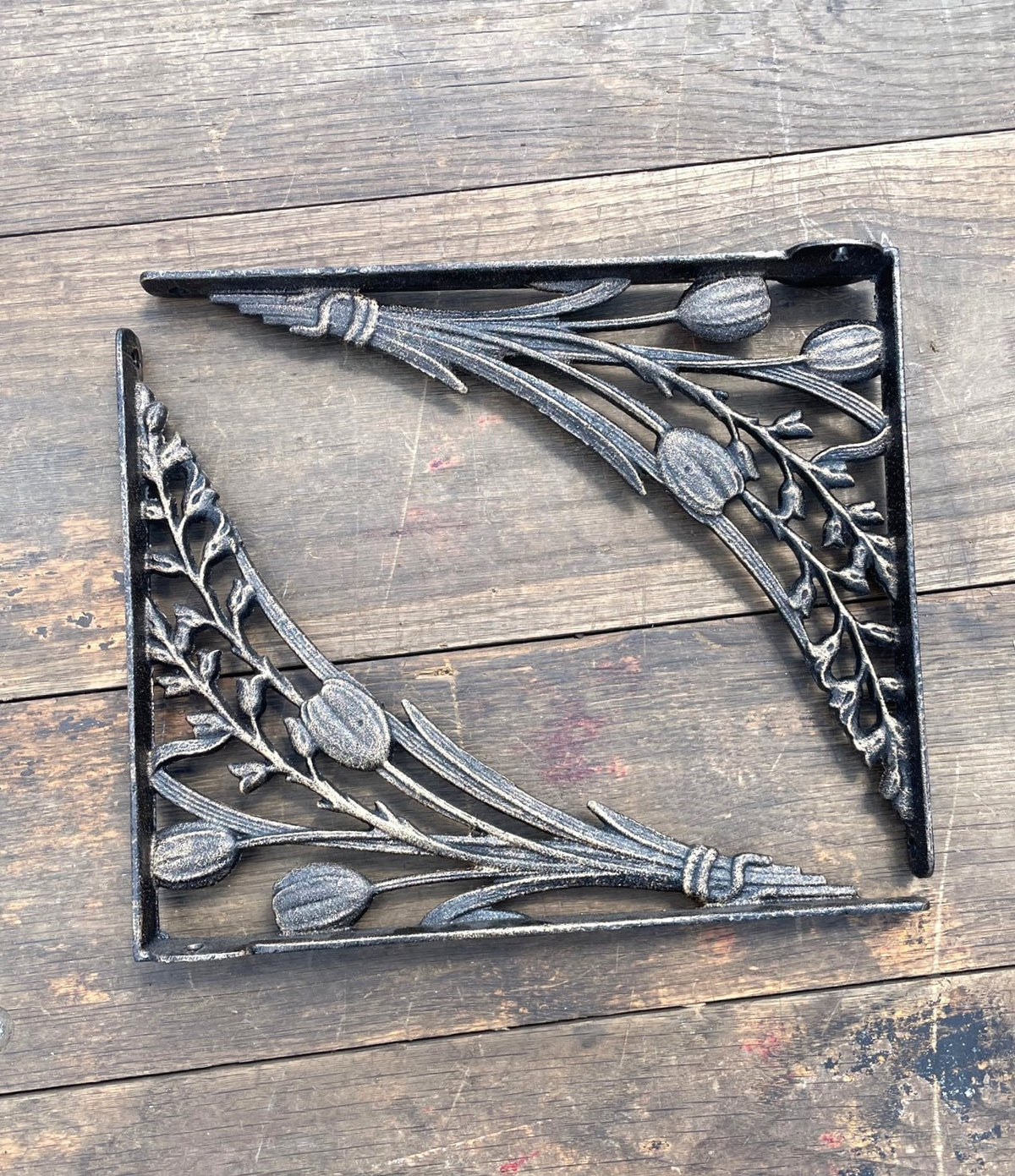 Cast Iron Tulip Shelf Brackets - Bronze Floral Design, Pair