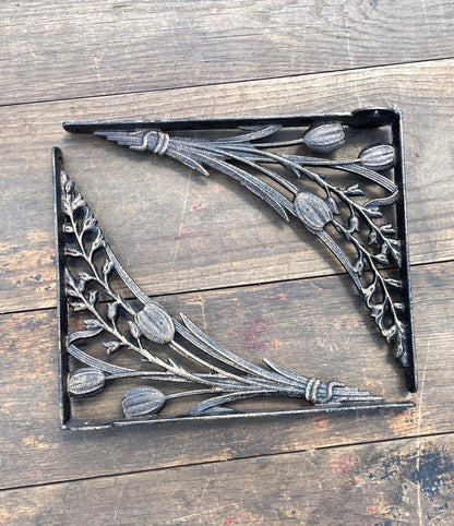 Cast Iron Tulip Shelf Brackets - Bronze Floral Design, Pair