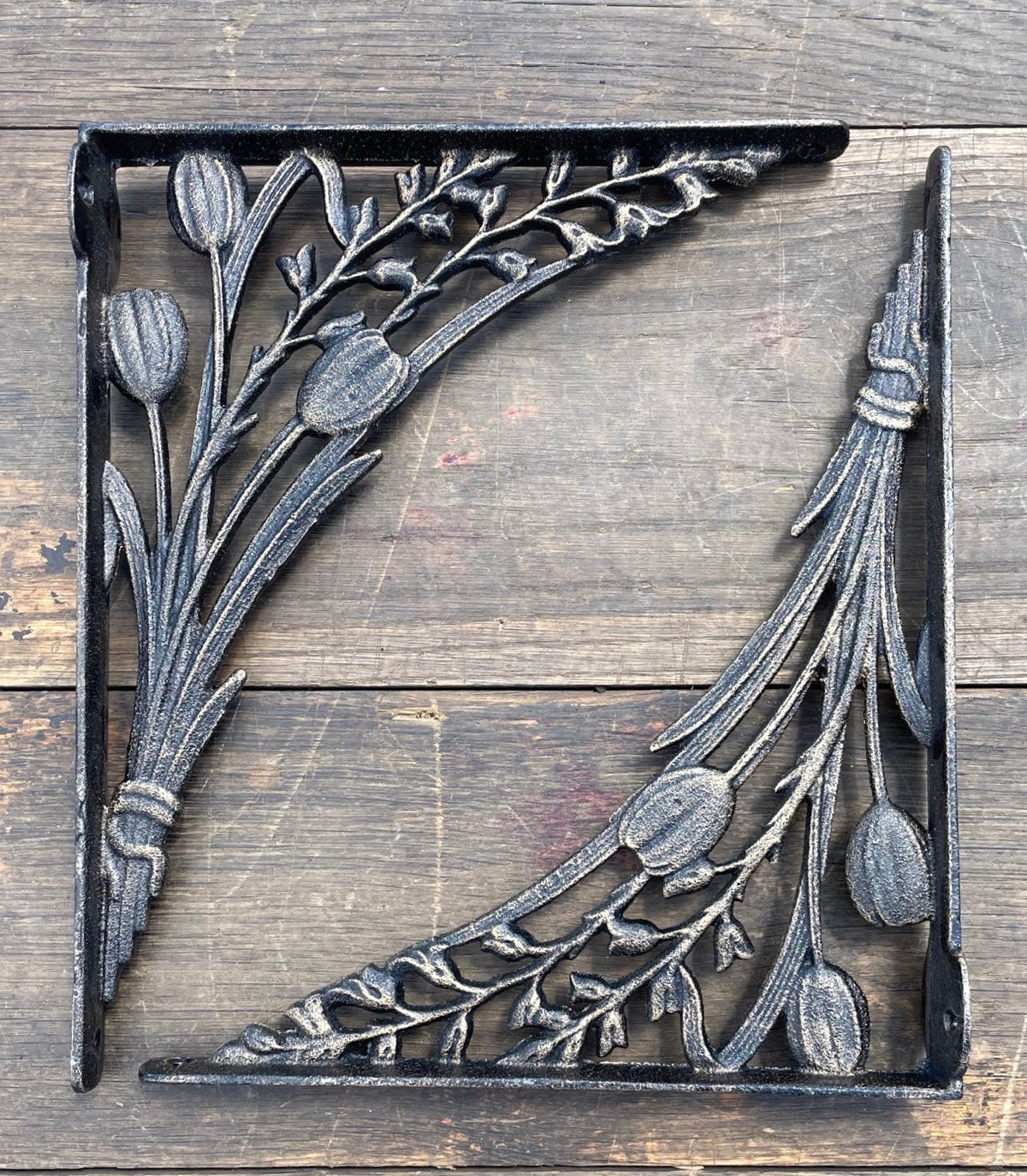 Cast Iron Tulip Shelf Brackets - Bronze Floral Design, Pair