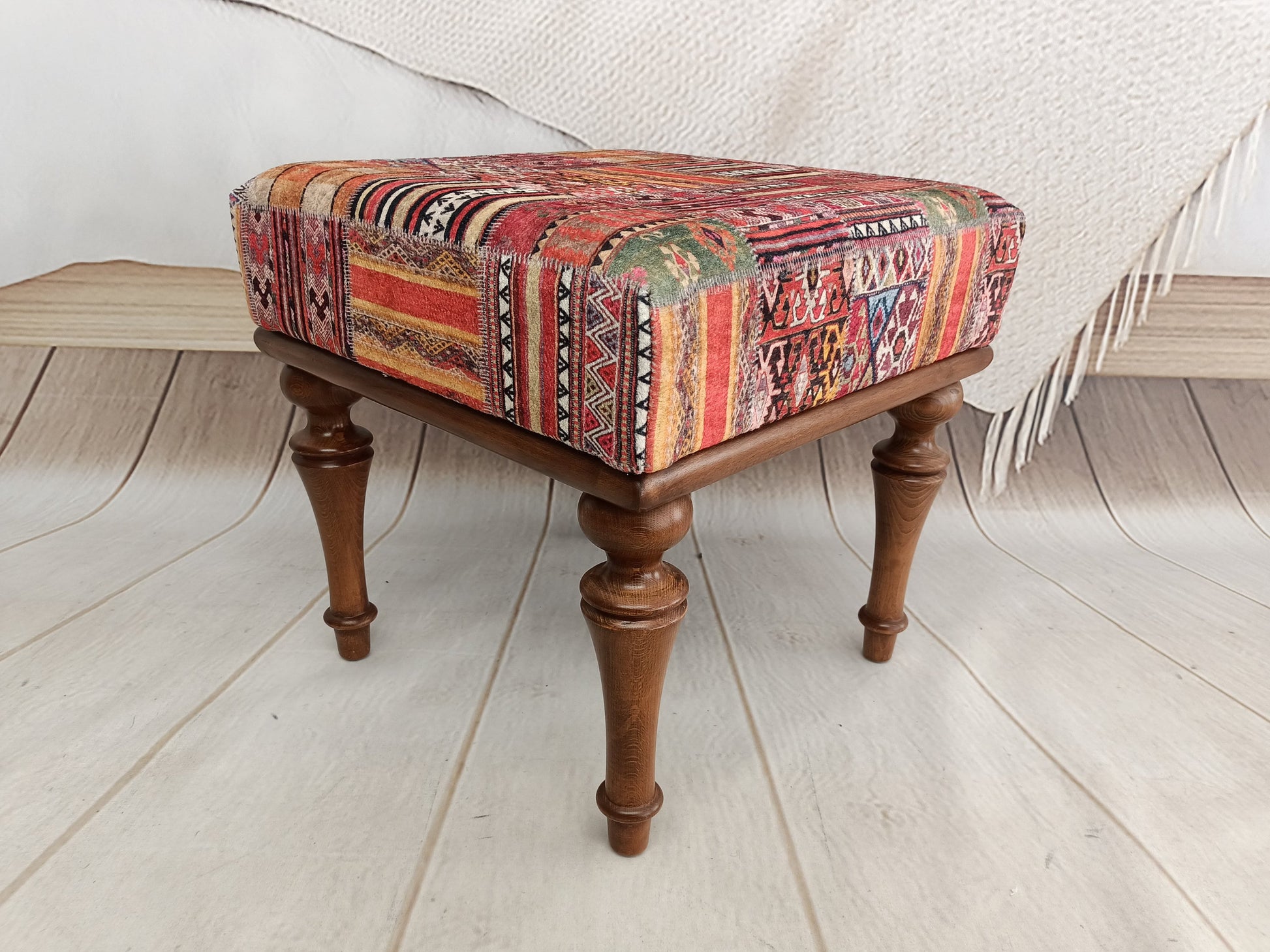 vanity stool, handmade footstool, upholstered footstool, handmade furniture, patio furniture, small chair, kilim bench, VT 883 18x18