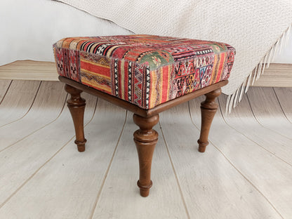 vanity stool, handmade footstool, upholstered footstool, handmade furniture, patio furniture, small chair, kilim bench, VT 883 18x18