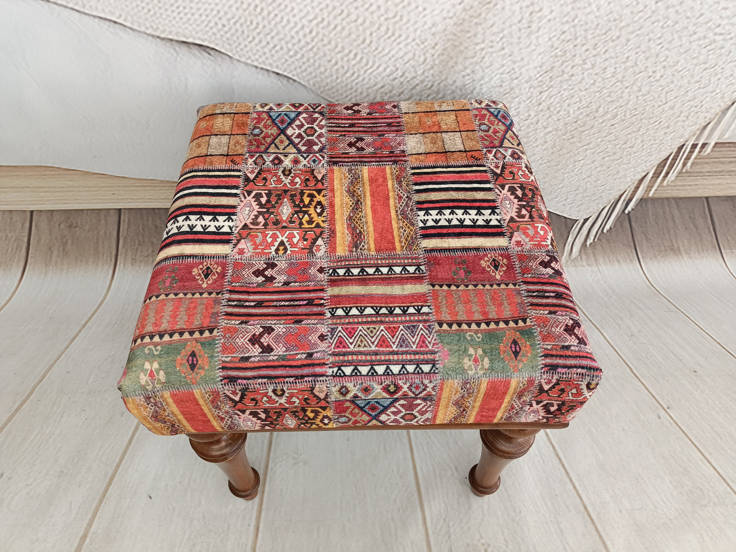 Vanity stool, handmade footstool, upholstered footstool, handmade furniture, patio furniture, small chair, kilim bench