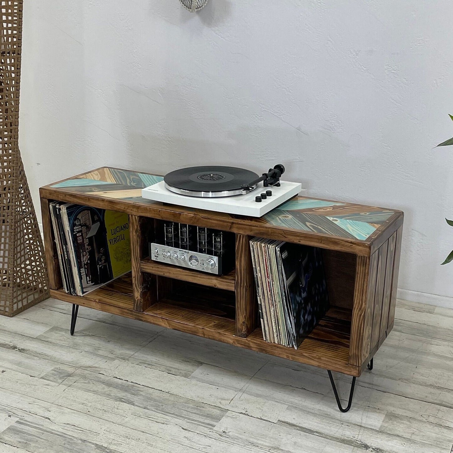 Colliding Chevron Blues Top Upgrade - Vinyl Record Holder - TV Stand - Living Room Furniture