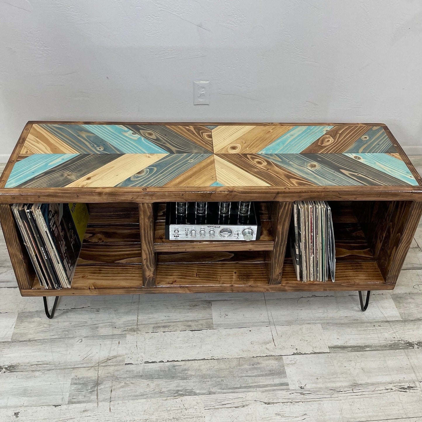Colliding Chevron Blues Top Upgrade - Vinyl Record Holder - TV Stand - Living Room Furniture