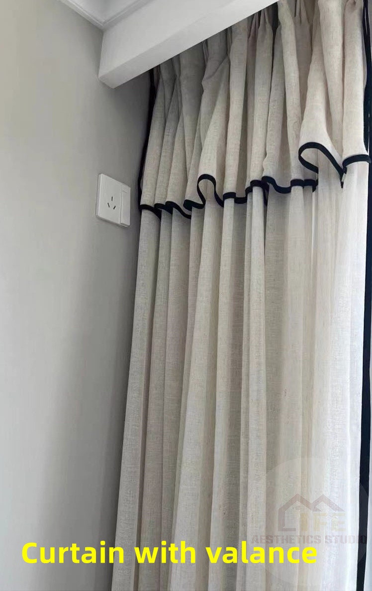 Custom Black Border Valance Curtains ,Handmade Sheer Linen Curtains For Livingroom Bedroom