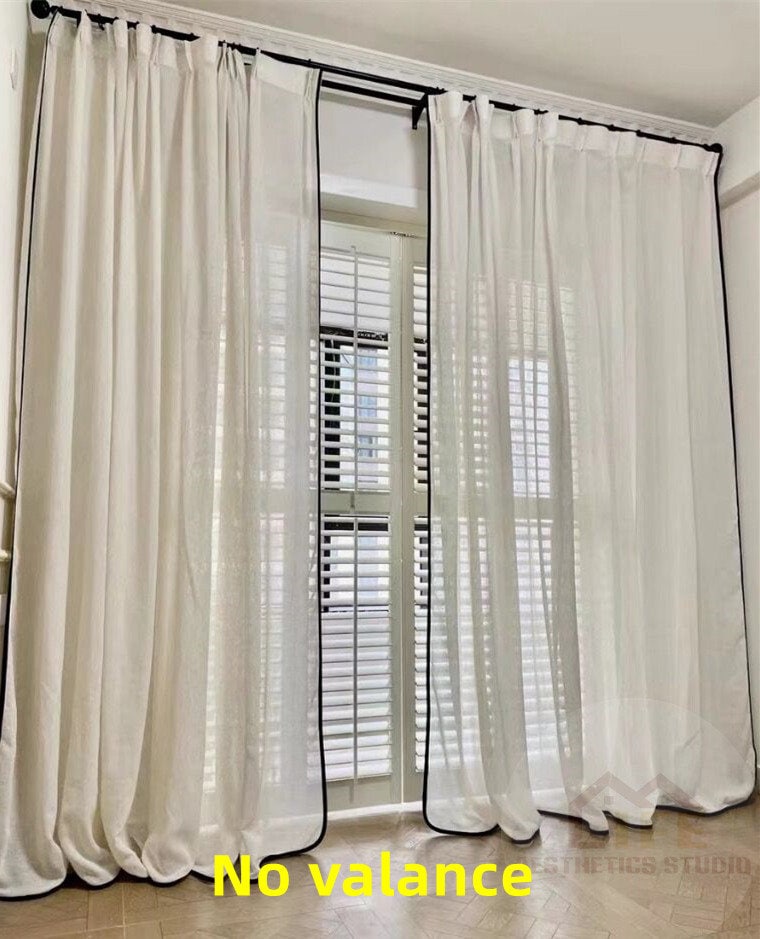 Custom Black Border Valance Curtains ,Handmade Sheer Linen Curtains For Livingroom Bedroom